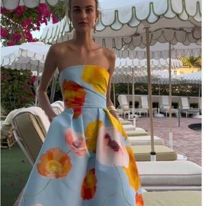 NWT Floral Strapless Tea Length Dress in Blue and Yellow